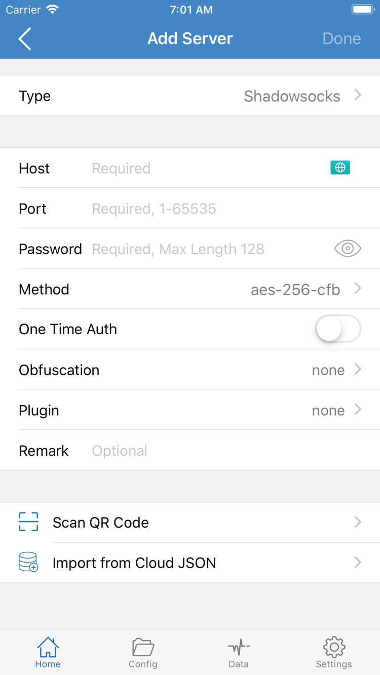 Shadowrocket Add Server 공식 스크린샷: Type, Host, Port, Password, Method 및 하단의 가져오기 메뉴 표시