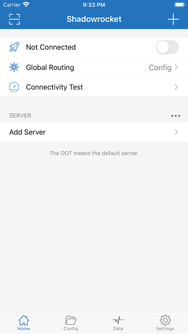Shadowrocket Home 공식 스크린샷: Not Connected 연결 스위치, Global Routing, Connectivity Test 및 SERVER 그룹 표시